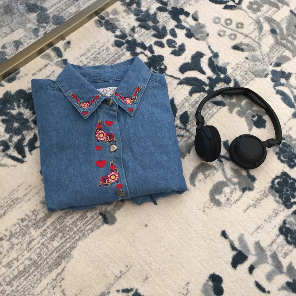 Karen Scott rose embroidered denim shirt